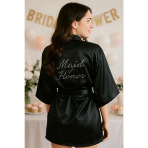 Womens Unbranded Maid of Honor Robe One Sz Black Silver Rhinestones Wedding Glam